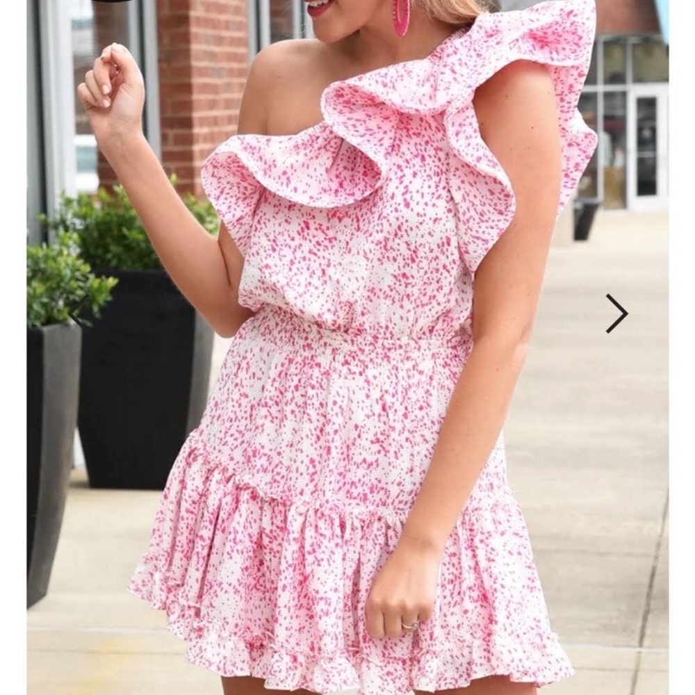 Buddy Love Sofia Pink White One Shoulder Ruffle Mini Dress Small NWT